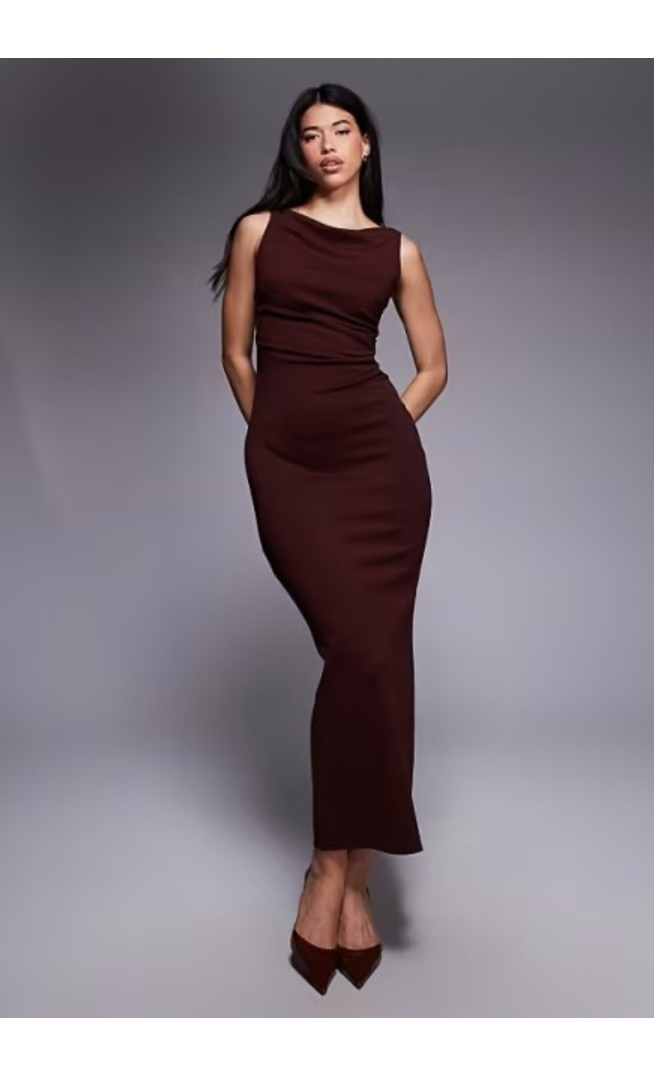 ASOS DESIGN slash neck ruched midi dress in wine