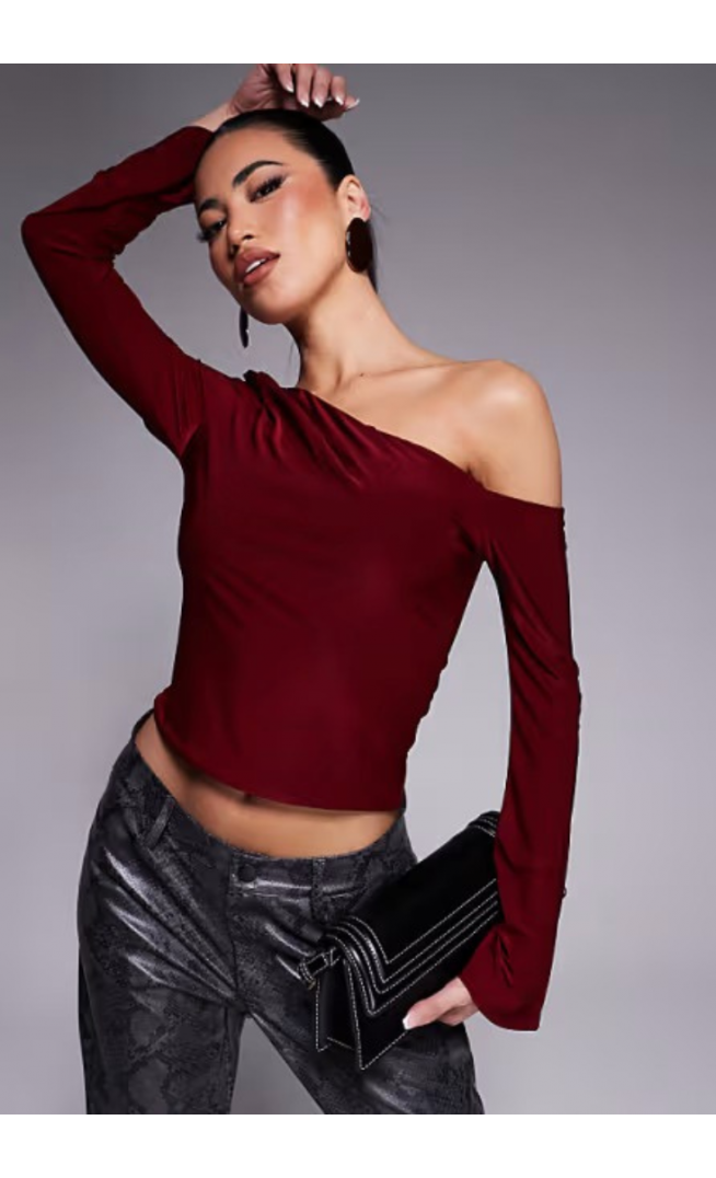 ASOS DESIGN slinky ruched one shoulder flared sleeve top
