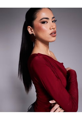 ASOS DESIGN slinky ruched one shoulder flared sleeve top