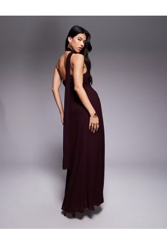 TFNC one shoulder scarf neck maxi dress in cherry