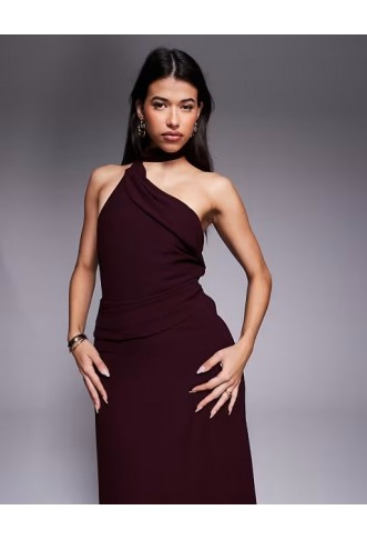 TFNC one shoulder scarf neck maxi dress in cherry