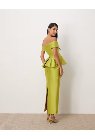 ARRANGE structured off the shoulder satin maxi dress