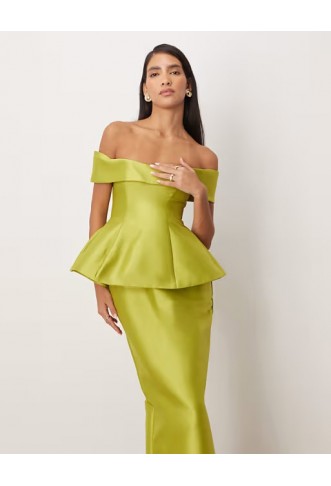 ARRANGE structured off the shoulder satin maxi dress