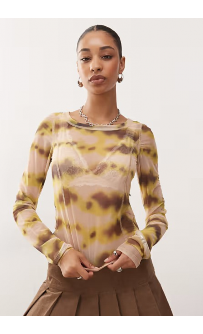 Monki mesh semi sheer long sleeve top