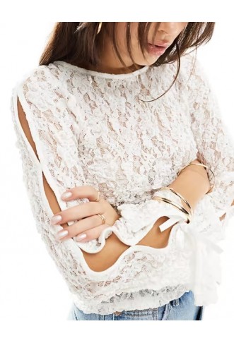 ASOS DESIGN slash neck lace top with bow detail in ivory