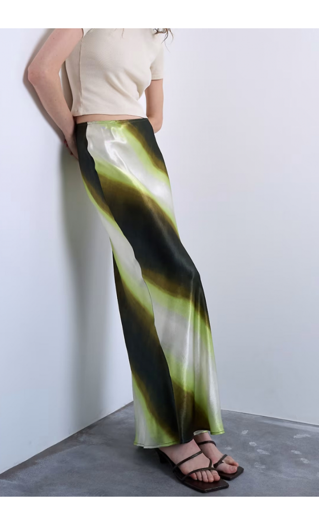 Topshop satin bias maxi skirt in lime ombre stripe