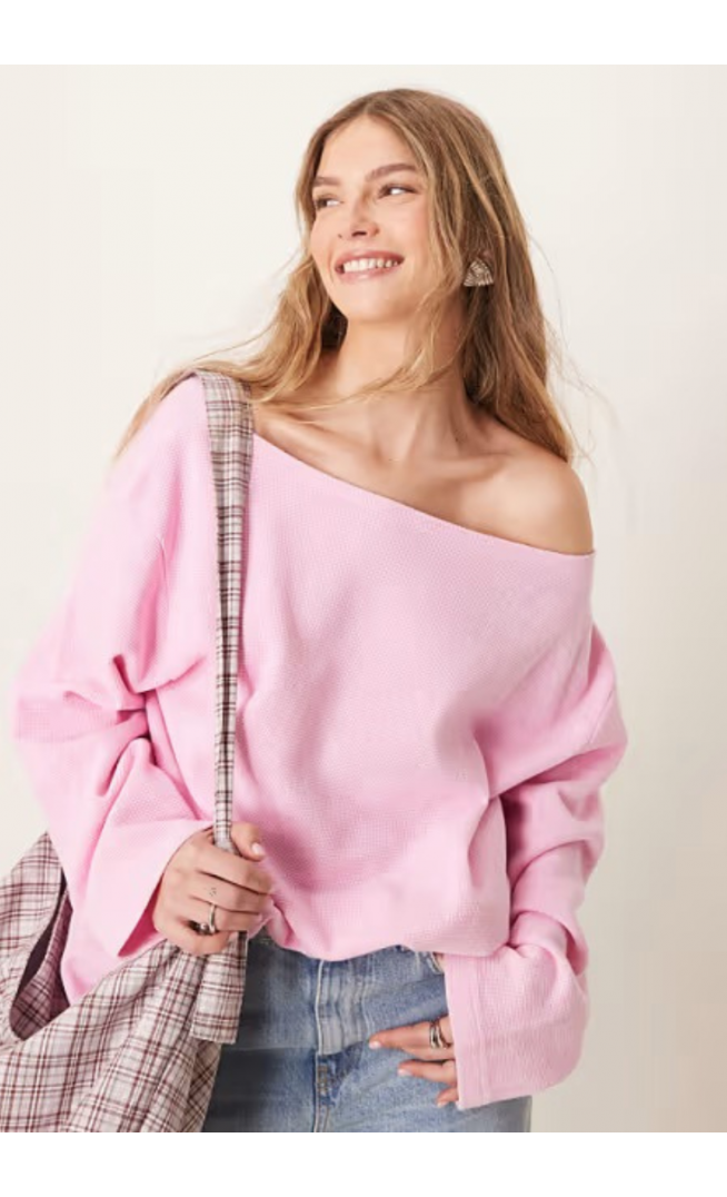 ASOS DESIGN off shoulder long sleeve waffle t-shirt