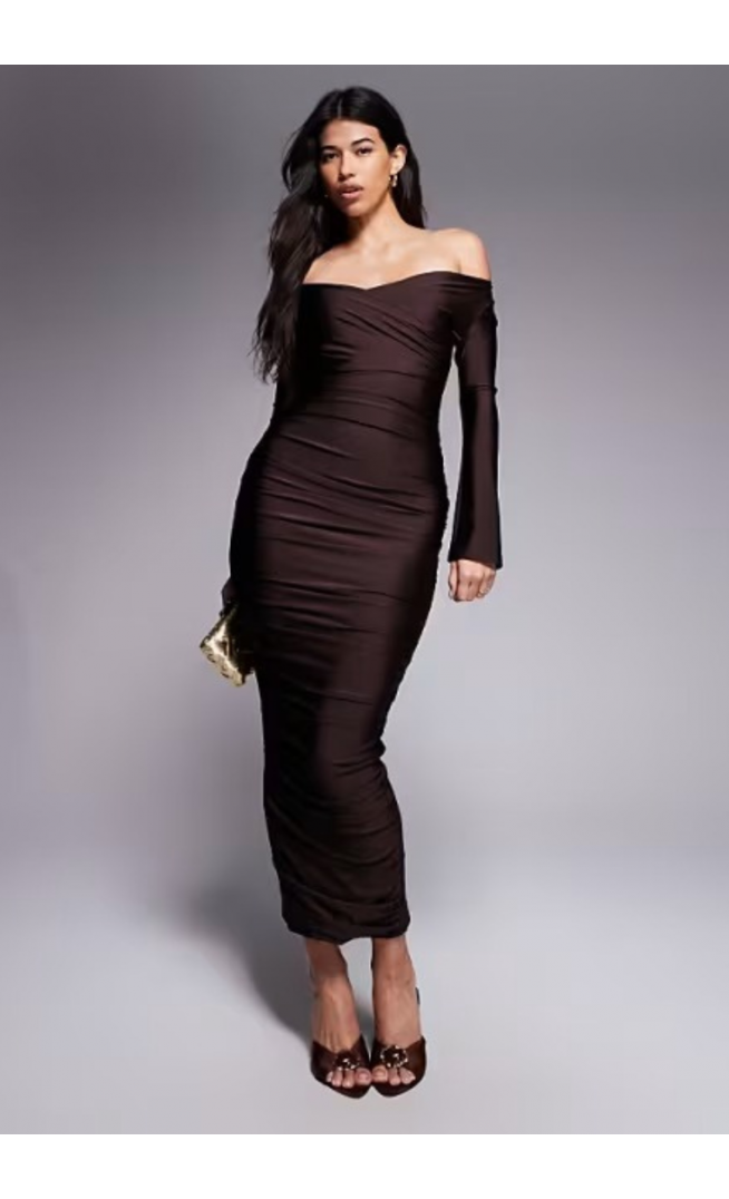 Ruched & Ready You Wish sculpted off shoulder maxi dress