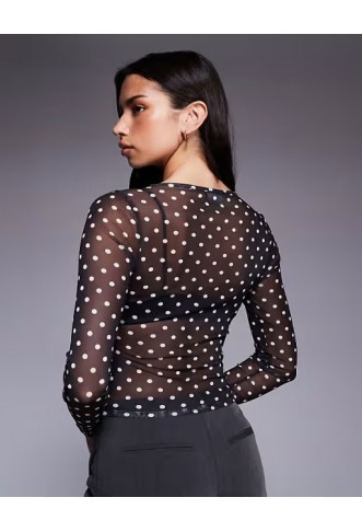 ASOS DESIGN mesh long sleeve top in polka dot
