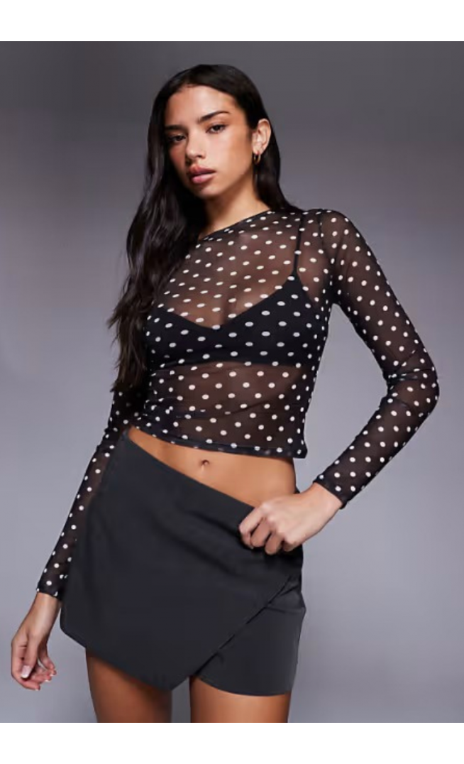 ASOS DESIGN mesh long sleeve top in polka dot