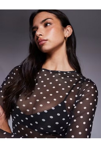 ASOS DESIGN mesh long sleeve top in polka dot