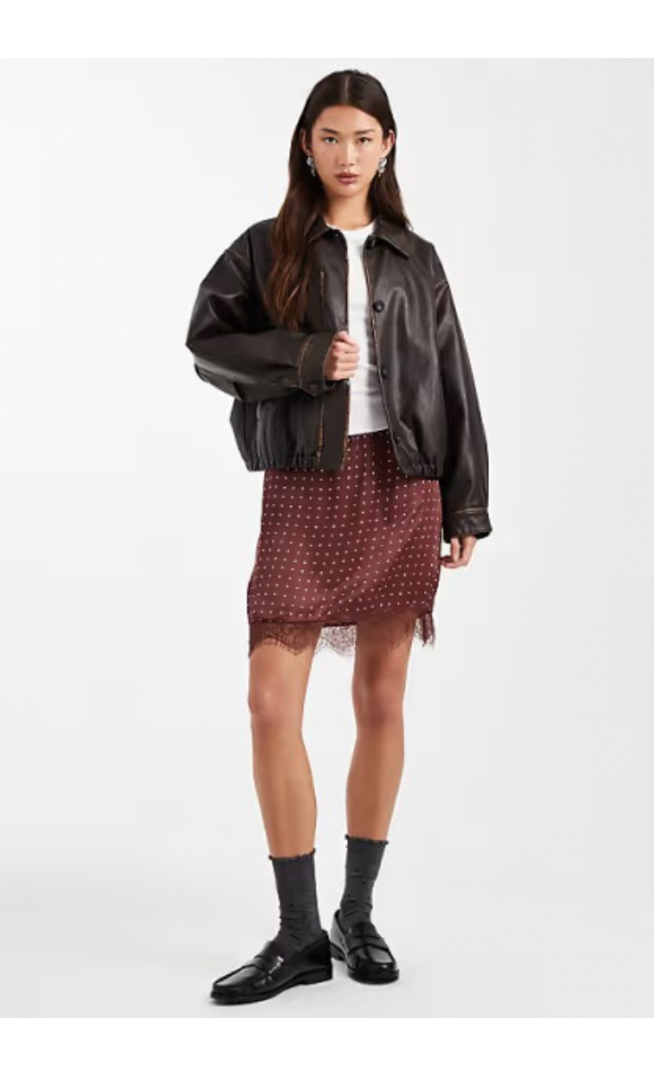ASOS DESIGN satin lace trim mini skirt in polka dot