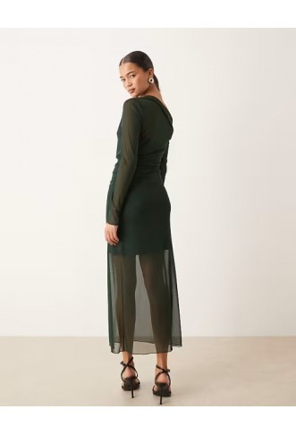 Mango asymmetric long sleeve maxi dress in forest green
