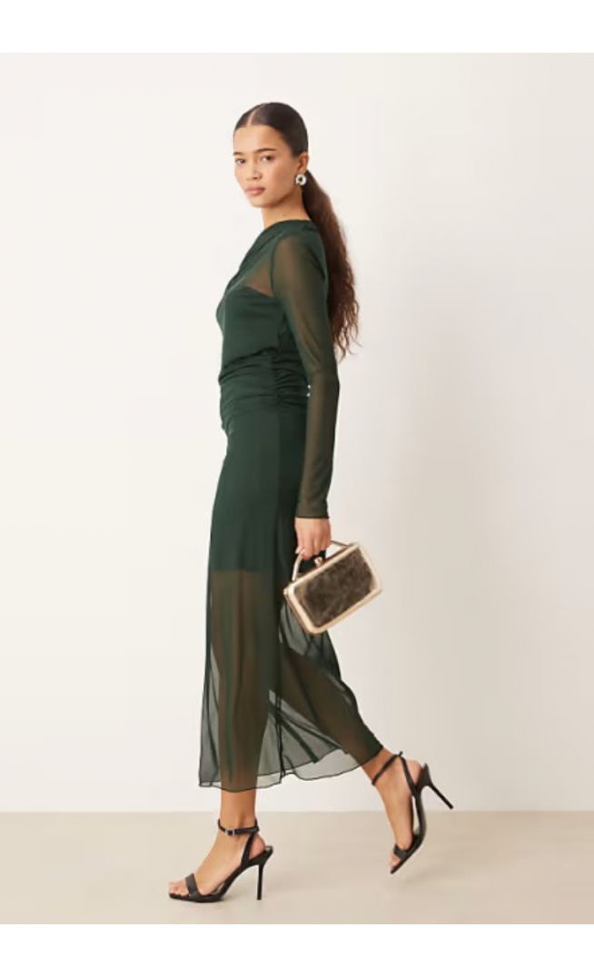Mango asymmetric long sleeve maxi dress in forest green