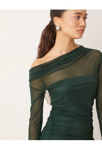 Mango asymmetric long sleeve maxi dress in forest green