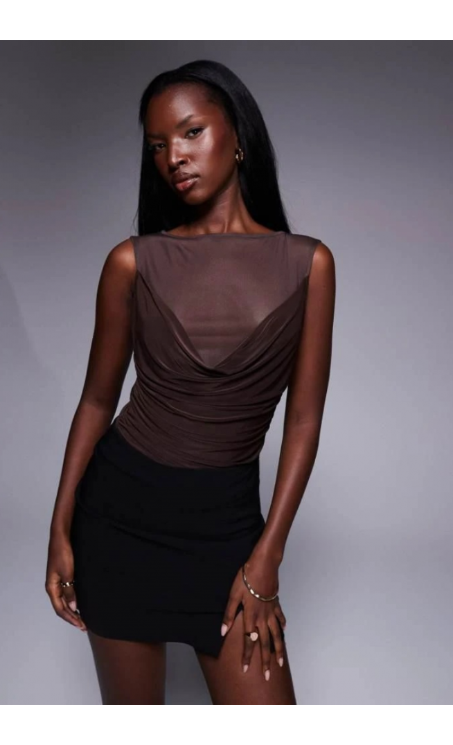 ASOS DESIGN cowl front mesh slinky mix bodysuit