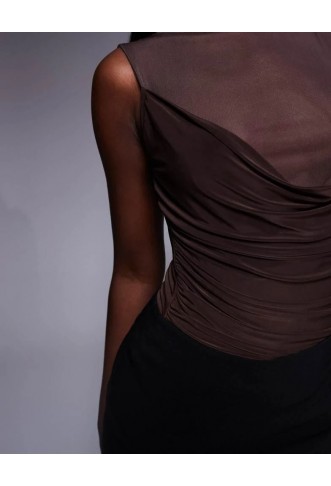 ASOS DESIGN cowl front mesh slinky mix bodysuit