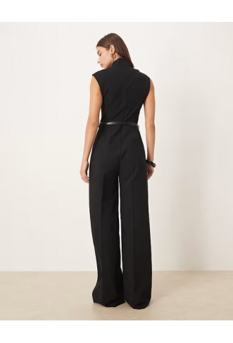 Mango sleeveless belted jumpsuit in black