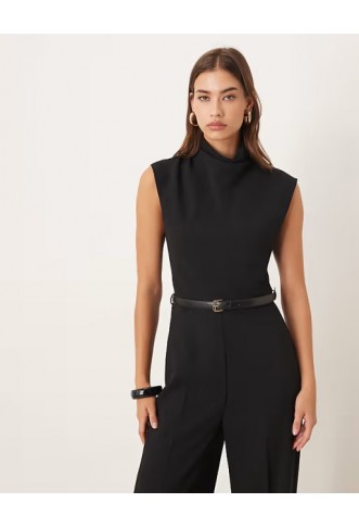 Mango sleeveless belted jumpsuit in black