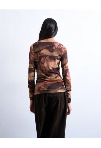 Topshop abstract print ruched long sleeve top