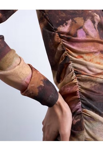 Topshop abstract print ruched long sleeve top