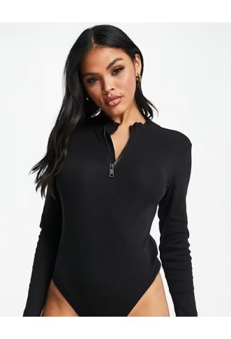 Threadbare ribbed high neck half zip long sleeve bodysuit