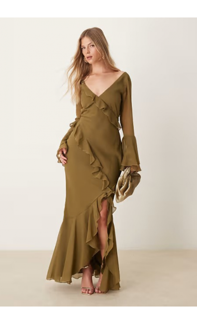 Asos Design v neck long sleeve ruffle maxi dress in khaki