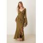 Asos Design v neck long sleeve ruffle maxi dress in khaki