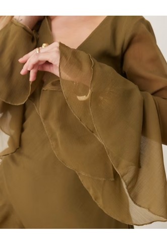 Asos Design v neck long sleeve ruffle maxi dress in khaki