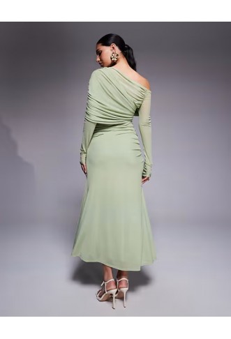 ASOS DESIGN long sleeve slouchy bardot mesh mix maxi dress