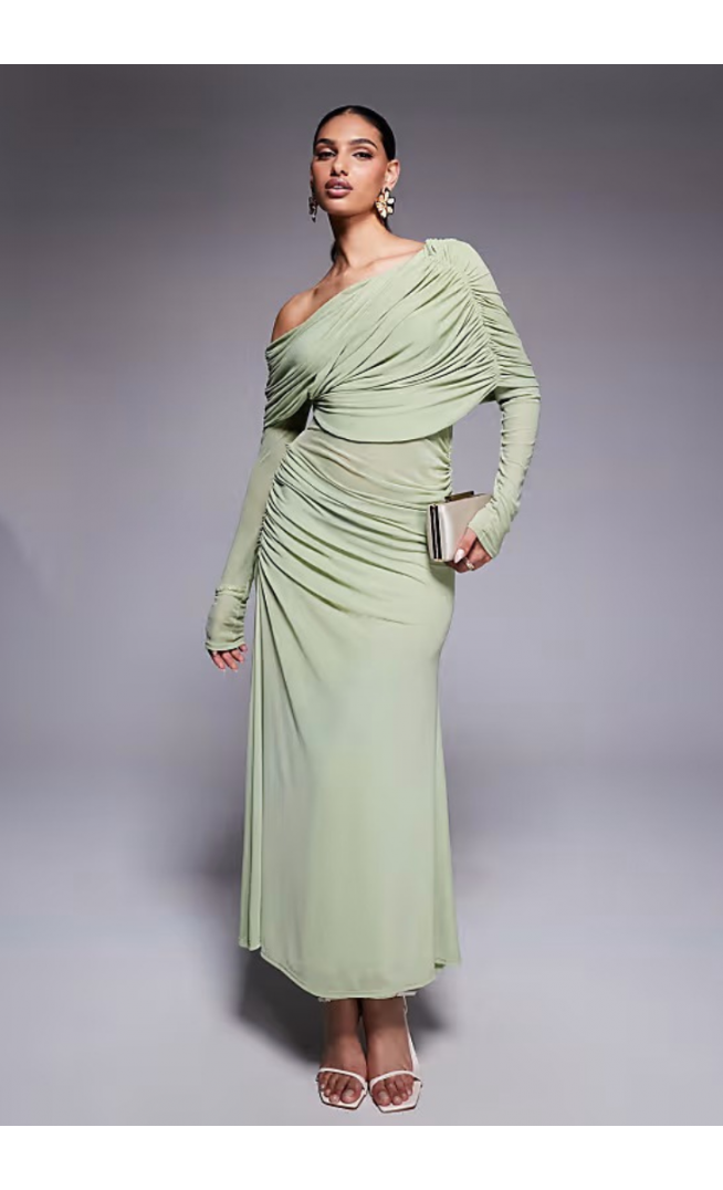 ASOS DESIGN long sleeve slouchy bardot mesh mix maxi dress