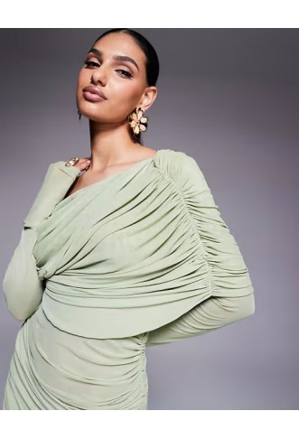 ASOS DESIGN long sleeve slouchy bardot mesh mix maxi dress