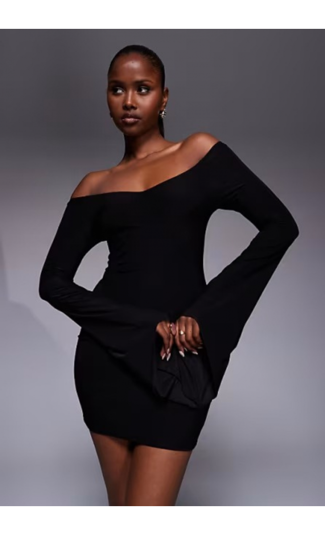 Kaiia exclusive double layered slinky off shoulder fluted drape sleeve mini dress