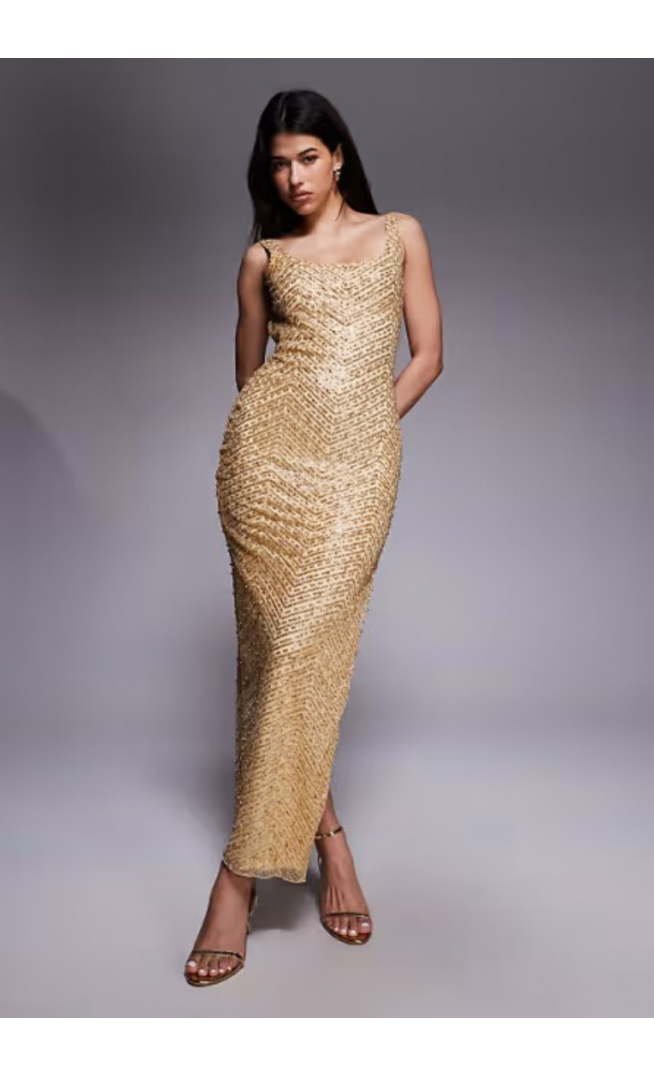 Oh Polly glitter embellished scoop neck low back maxi dress