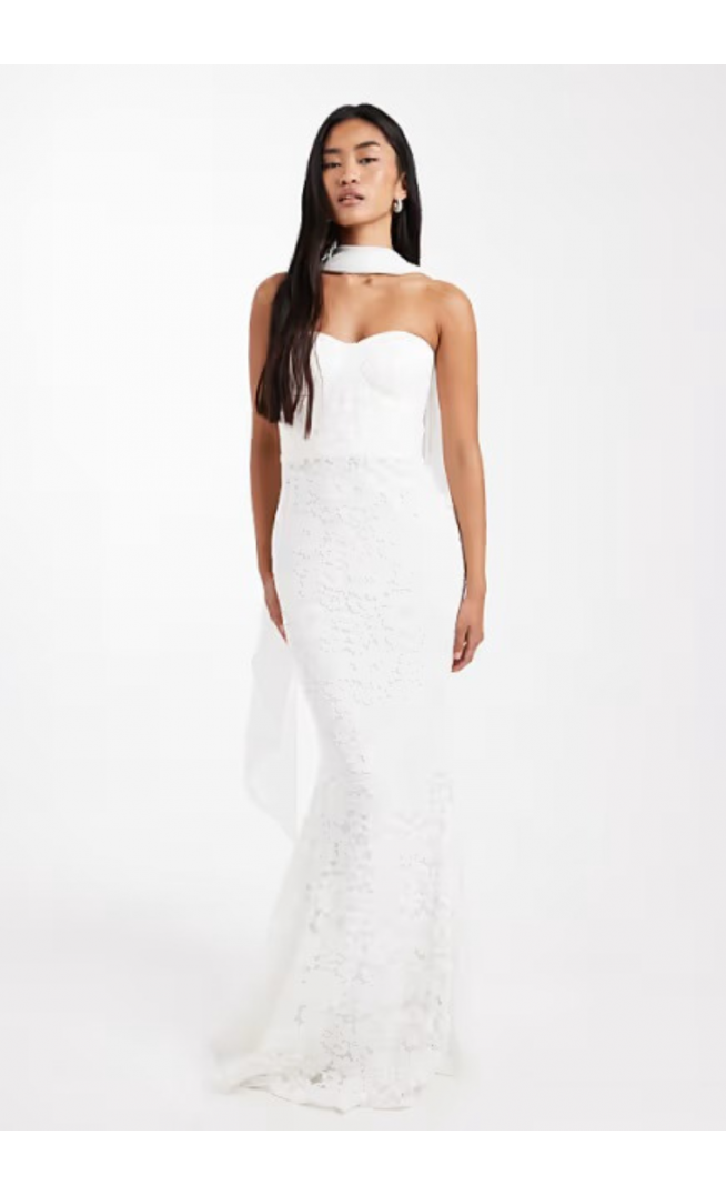 Six Stories Bridal lace bandeau scarf neck maxi dress