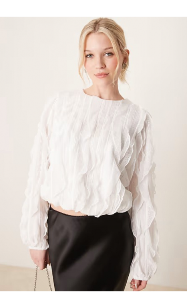 YAS ruffle textured detail top in white