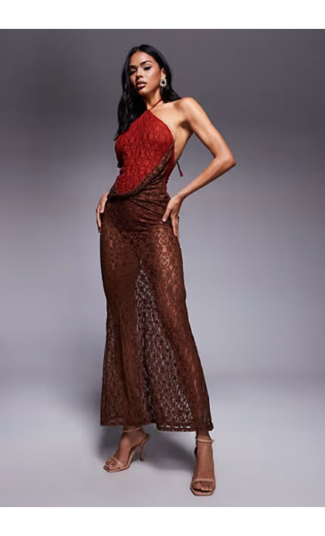 ASOS DESIGN lace halter maxi dress with twist skirt