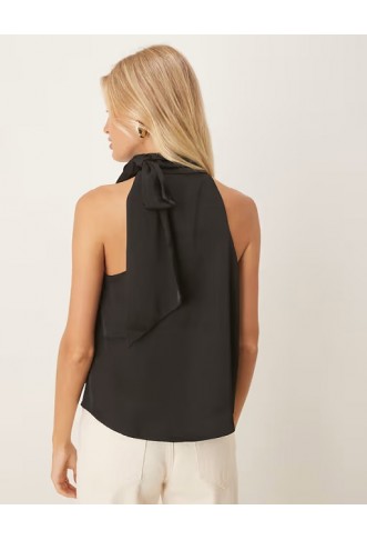 Vila tie neck satin sleeveless top in black