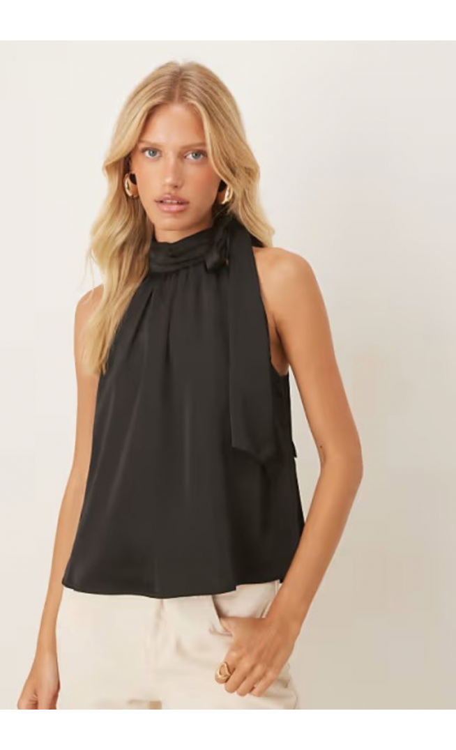 Vila tie neck satin sleeveless top in black
