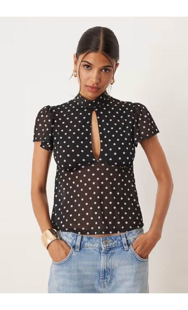 ASOS DESIGN floaty mesh flutter sleeve top with tie back detail
