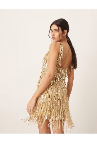 ARRANGE embellished fringe hem scoop neck mini dress