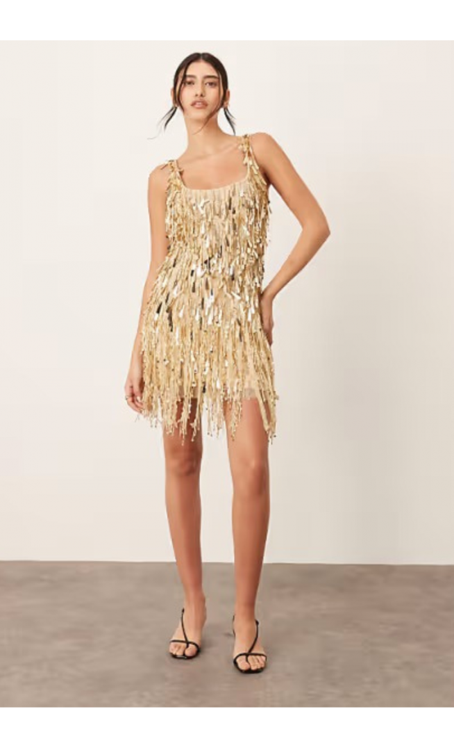 ARRANGE embellished fringe hem scoop neck mini dress