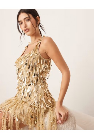 ARRANGE embellished fringe hem scoop neck mini dress