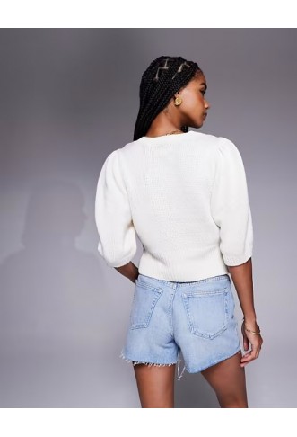 ASOS DESIGN crew neck cardigan with puff sleeve