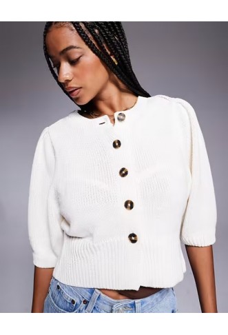 ASOS DESIGN crew neck cardigan with puff sleeve