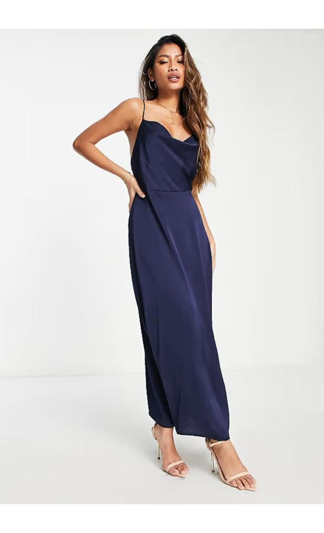 Vila satin cowl neck maxi dress in navy blue