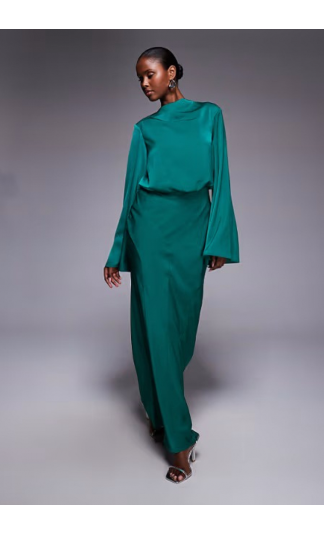 ASOS DESIGN satin blouson bodice long sleeve maxi dress