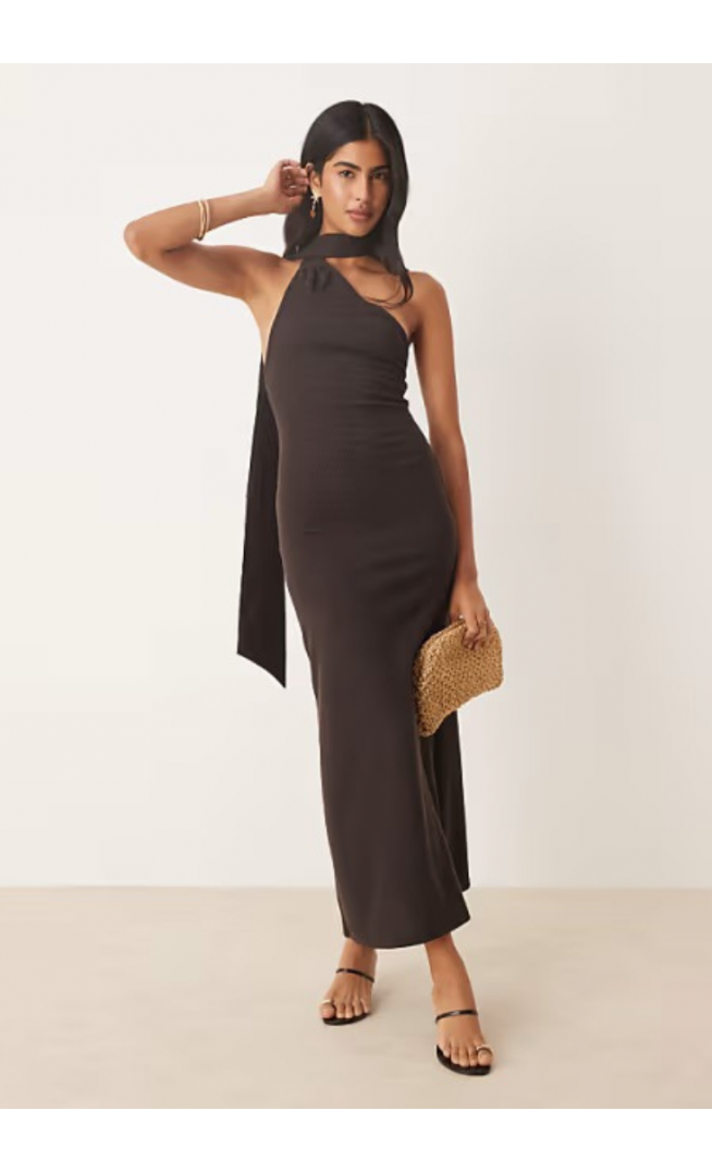 ASOS DESIGN ribbed one shoulder neck scarf midi dress