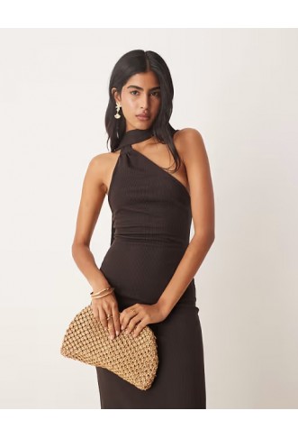 ASOS DESIGN ribbed one shoulder neck scarf midi dress