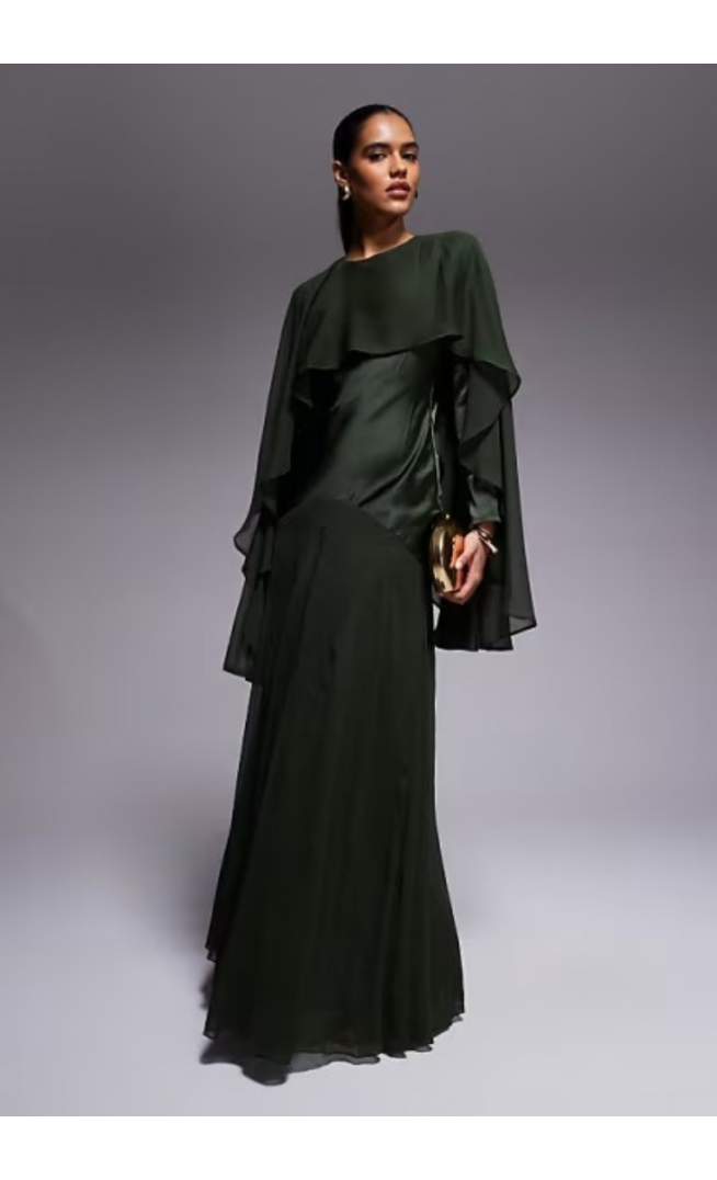 ASOS DESIGN cape detail ruffle chiffon satin mix maxi dress